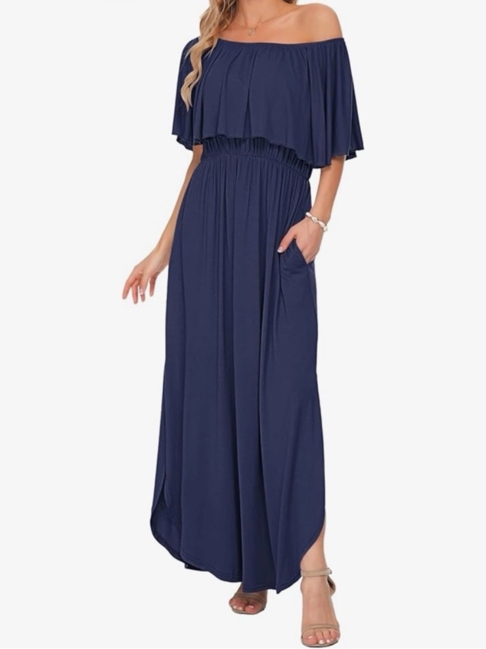 💙Off-The-Shoulder Dark Blue Maxi Dress | Thanth | Small | Cotton Blend Dress
